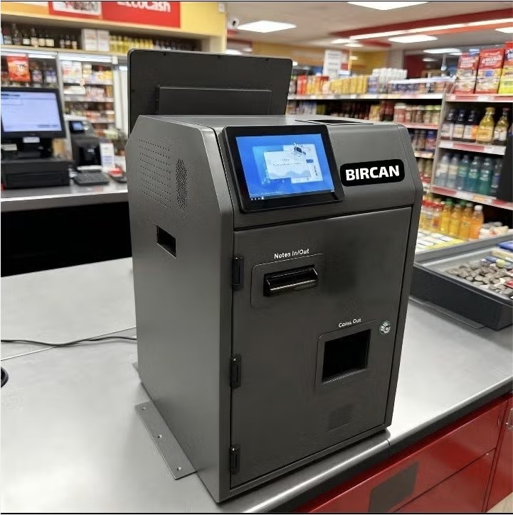 Kluiskassa geldwisselautomaat op de toonbank van een winkel, gekoppeld aan het WinKassa kassasysteem